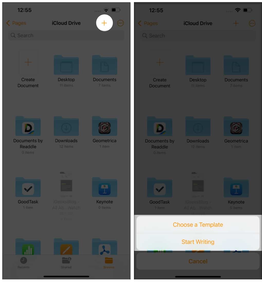 Launch Pages tap create document  select Start Writing or Choose a Template