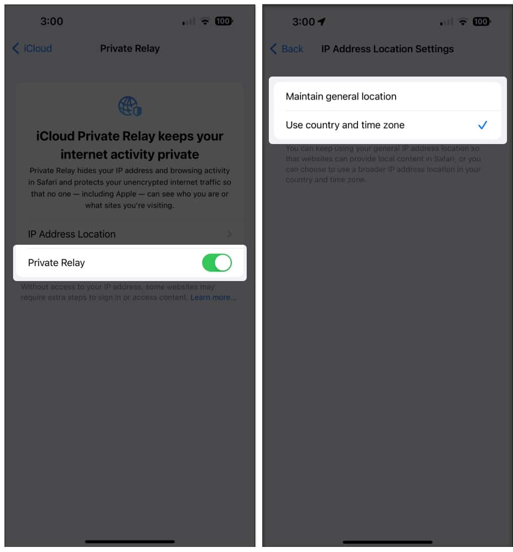 Now tap Private Relay choose IP Address location to Set the specificity of your IP address location