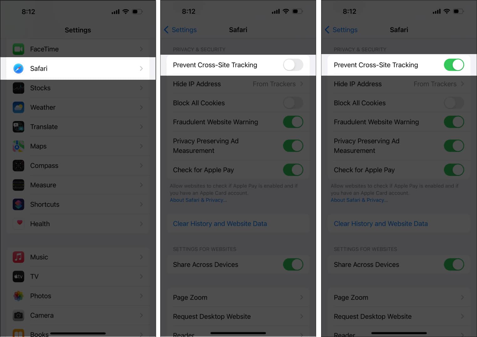 Prevent cross site tracking in Safari on iPhone