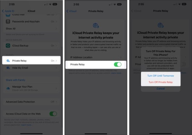 Scroll down and tap Private Relay toggle on or off Private Relay