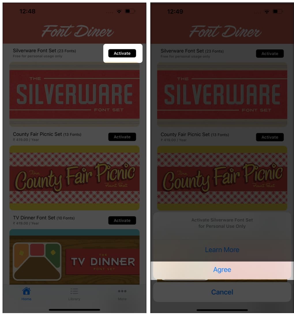 Tap Activate next to the Silverware Font Set confirm by tapping Agree on Font diner app