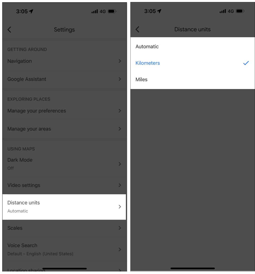 Tap Distance units select preferable unit between Kilometers or Miles in Google Maps iOS app