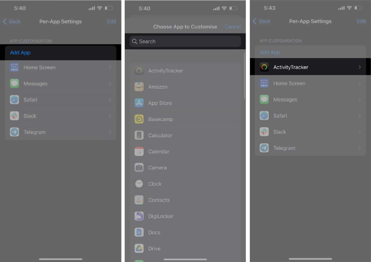 Tap add app search app of your choice the app will be added in customization list