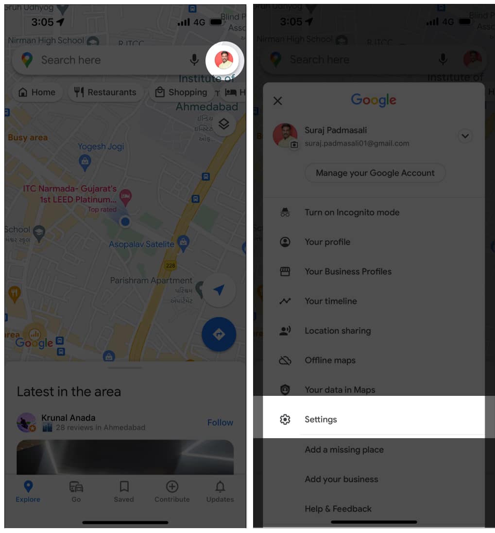 Tap profile picture and choose Settings in Google Maps iOS app