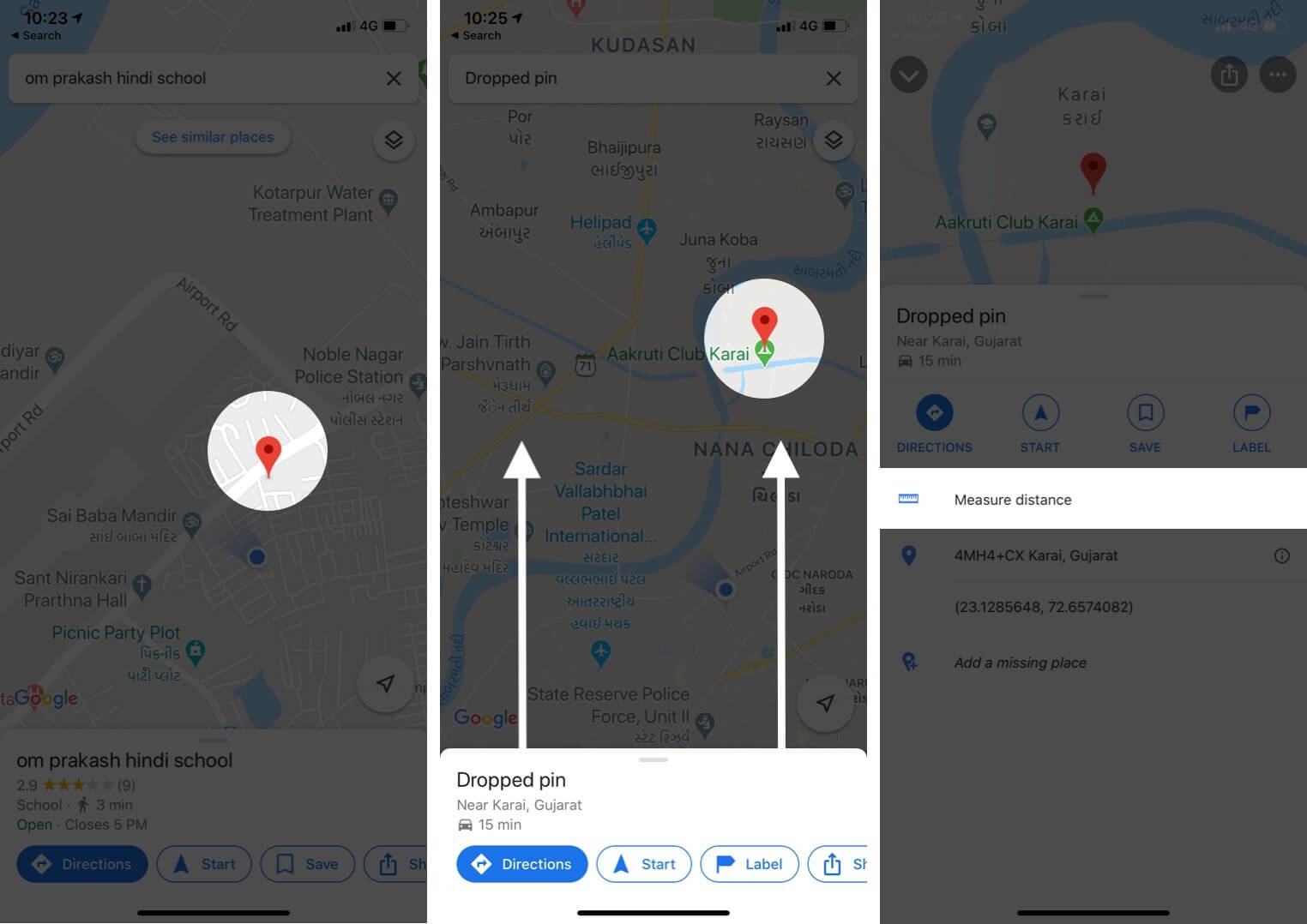 Touch and hold on first place swipe up and tap on Measure distance in iOS Google Maps App