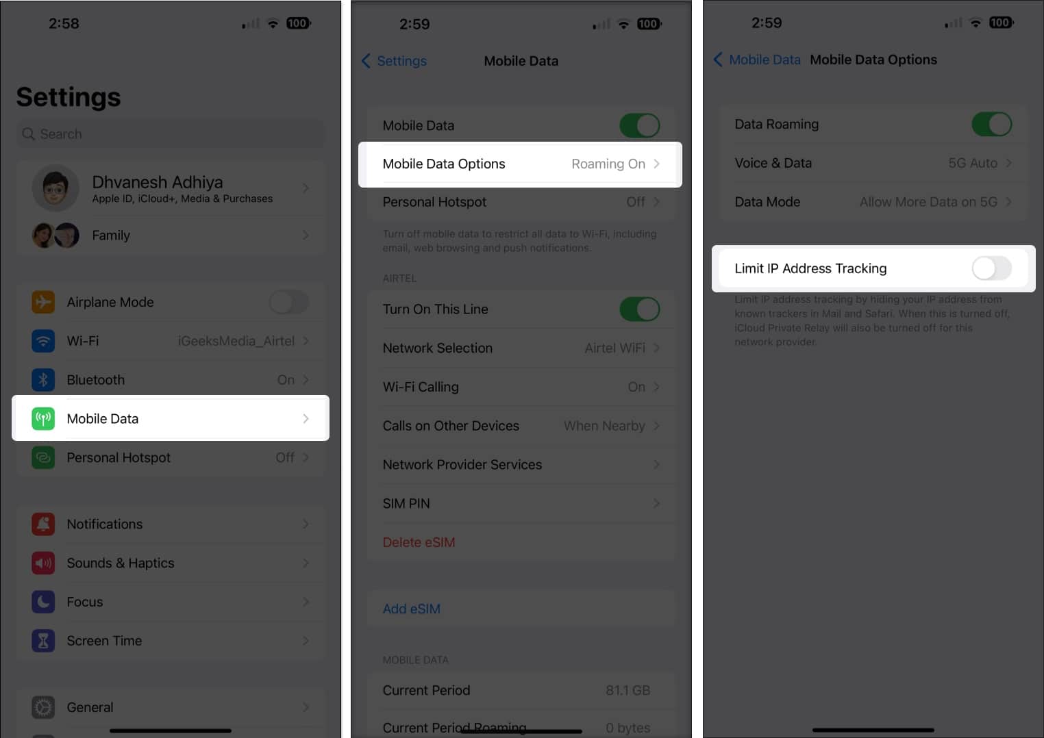 Turn off Private Relay using Cellular Data Select Mobile Data tap Data Option Toggle off ip address