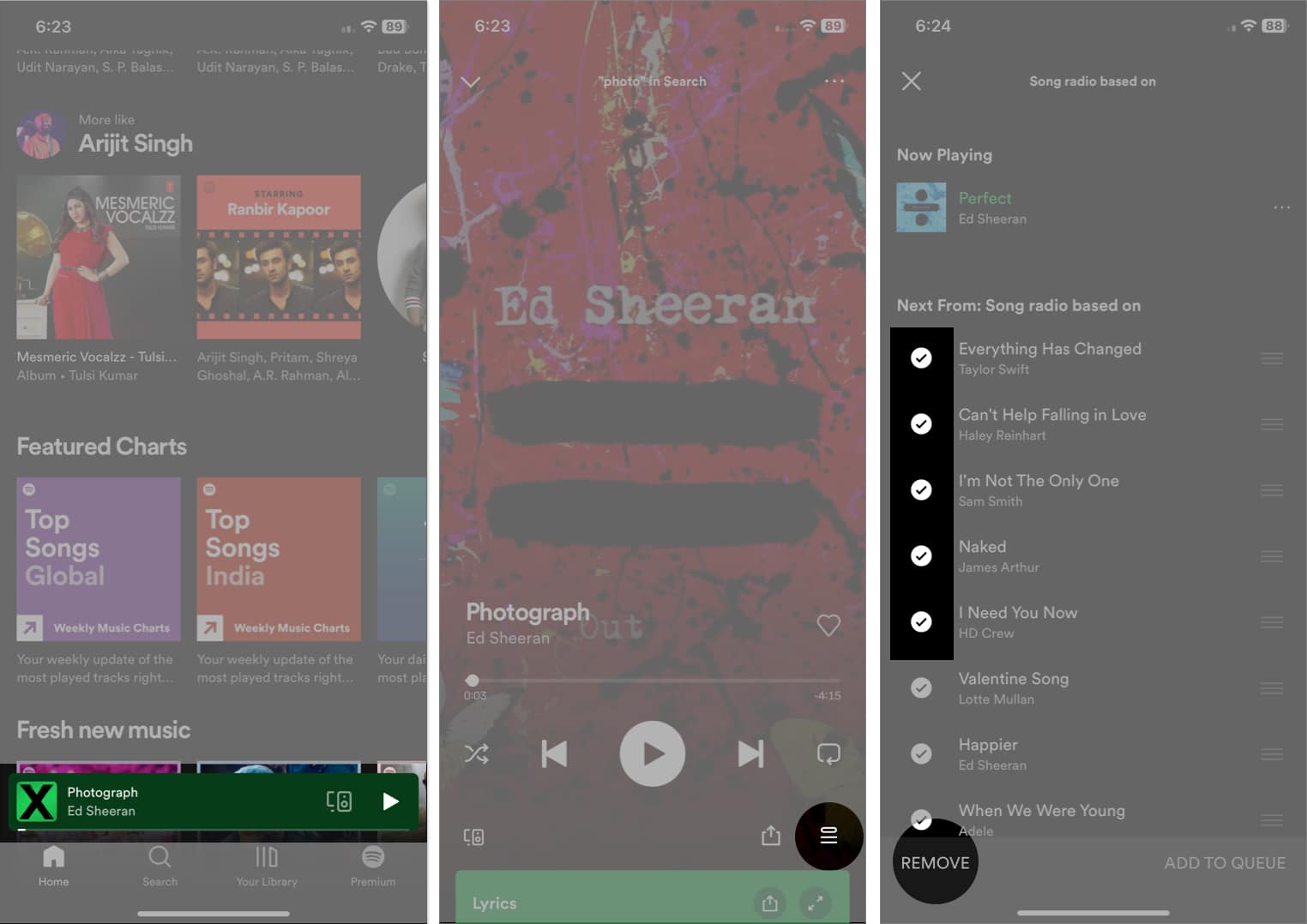 Un queue songs from the Spotify queue on iPhone