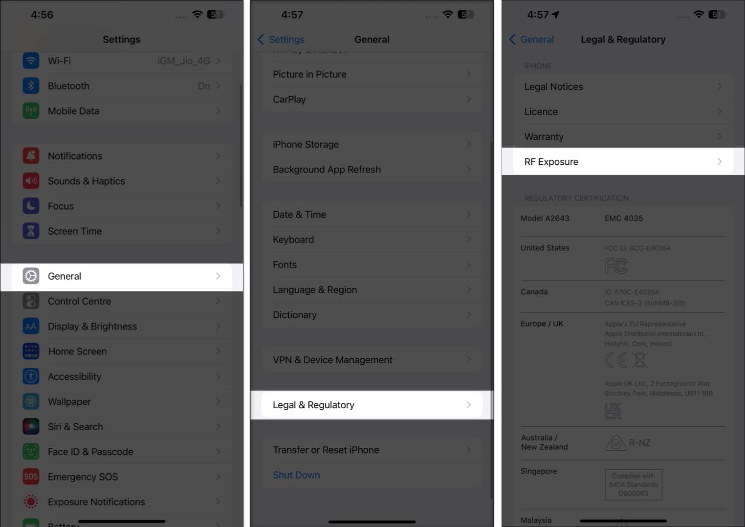 Check Settings open Settings app tap on General select Legal and Regulatory choose rf Exposure