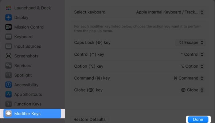 Choose Modifier Keys and hit Done