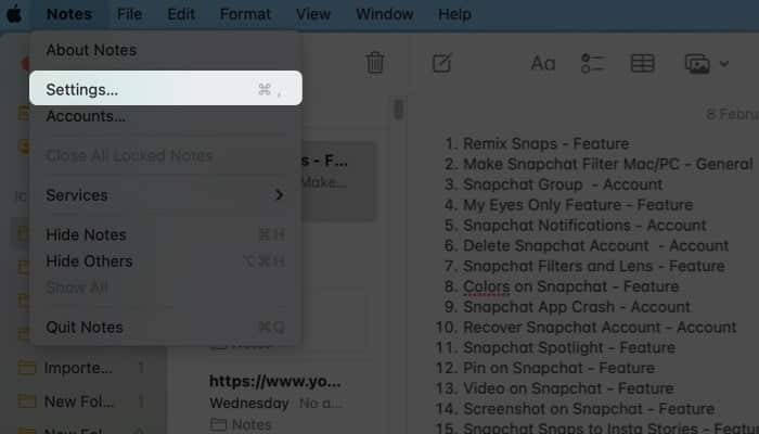 Click Notes from the top left of the menu bar