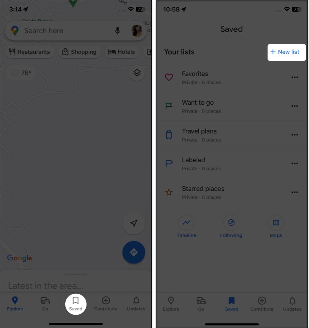 Go to Google Maps and Saved tap New list plus icon