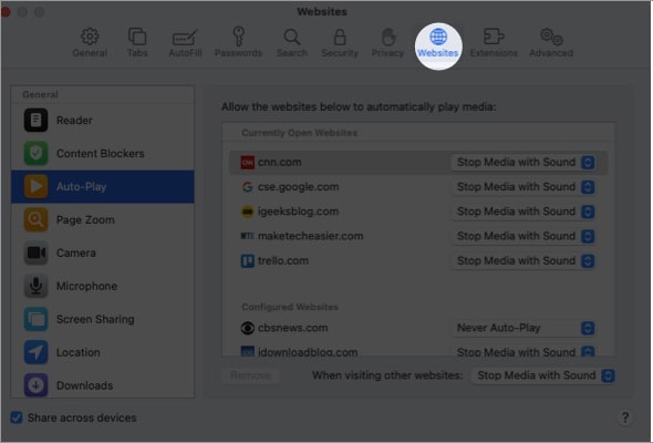 Go to the Websites tab in the pop up window