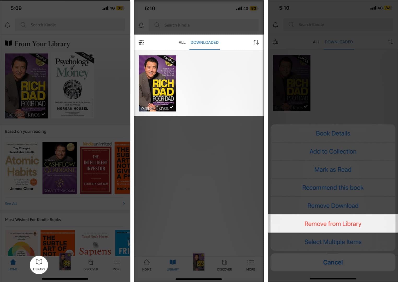 Launch Kindle app library view switch to the Downloaded tab tap remove from library