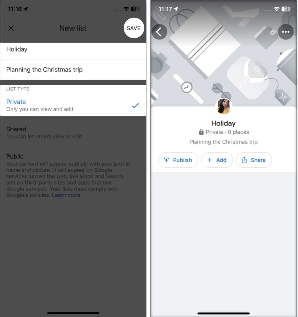 Name your list and write a description select privacy Setting and tap Save