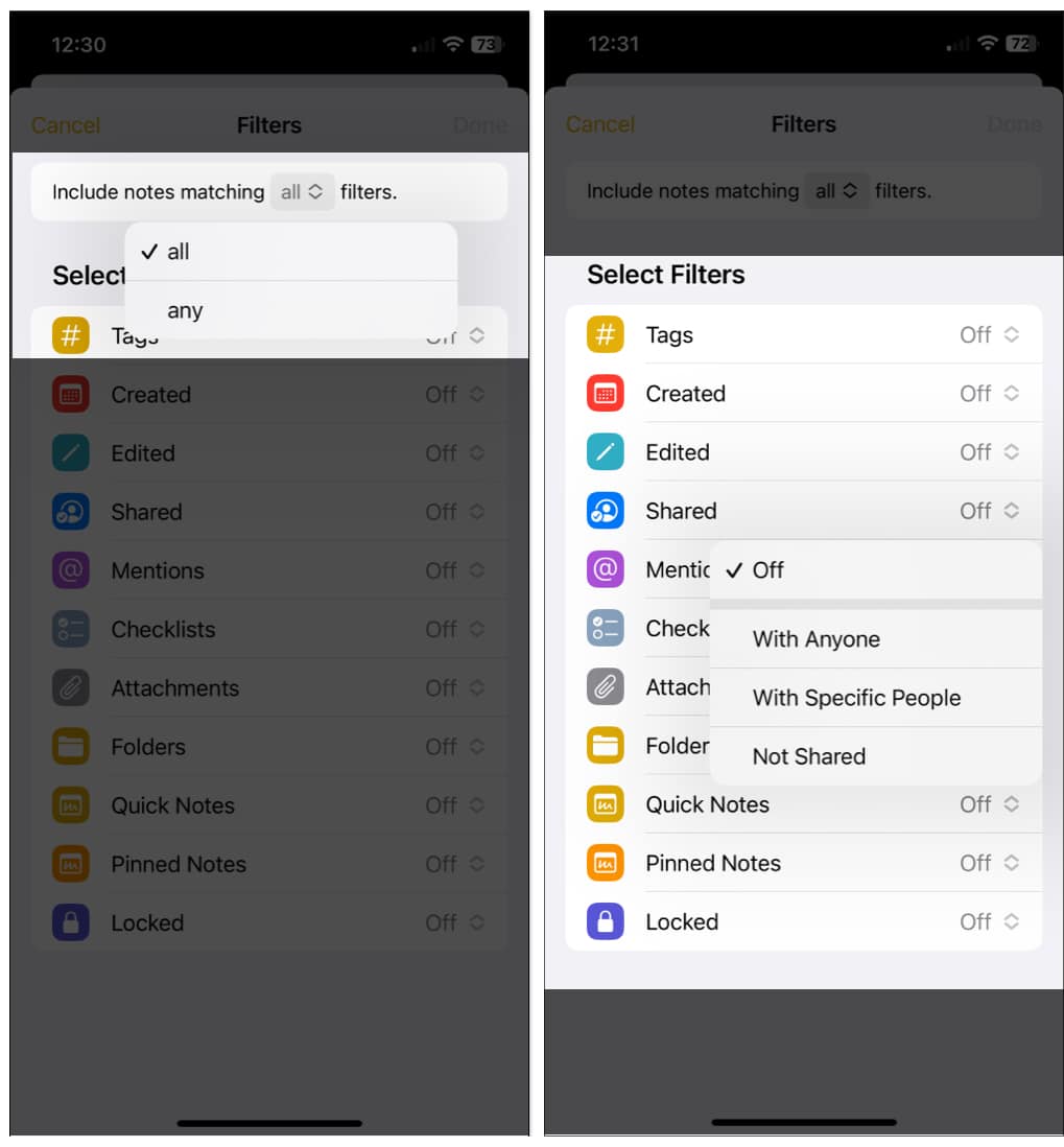 Pick All or Any depending in Notes Filters on iPhone