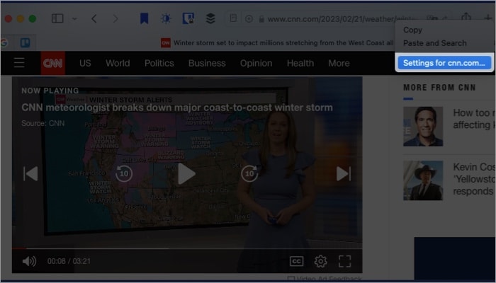 Right click or hold Control pick Settings for website