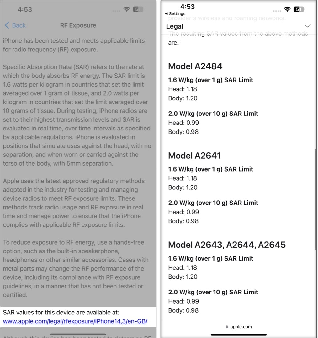 Scroll down and tap the link at the bottom of the page on the new page scroll down to see the SAR value of your iPhone