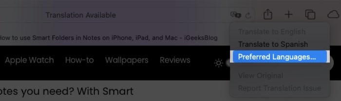 Select the Translate icon and pick Preferred Languages