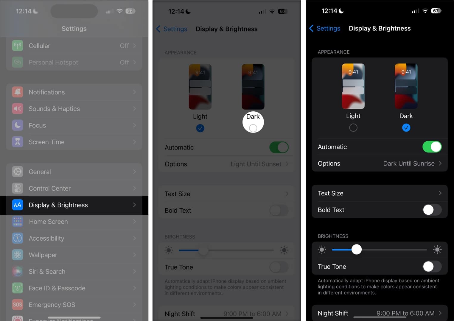 Settings tap on Display and Brightness tick on dark mode
