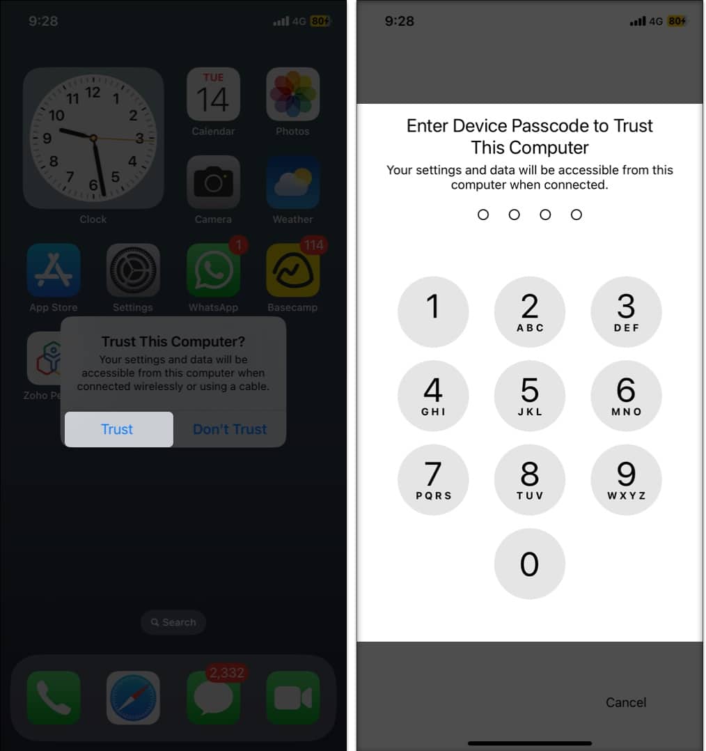 Tap Trust when prompted enter the passcode of your device