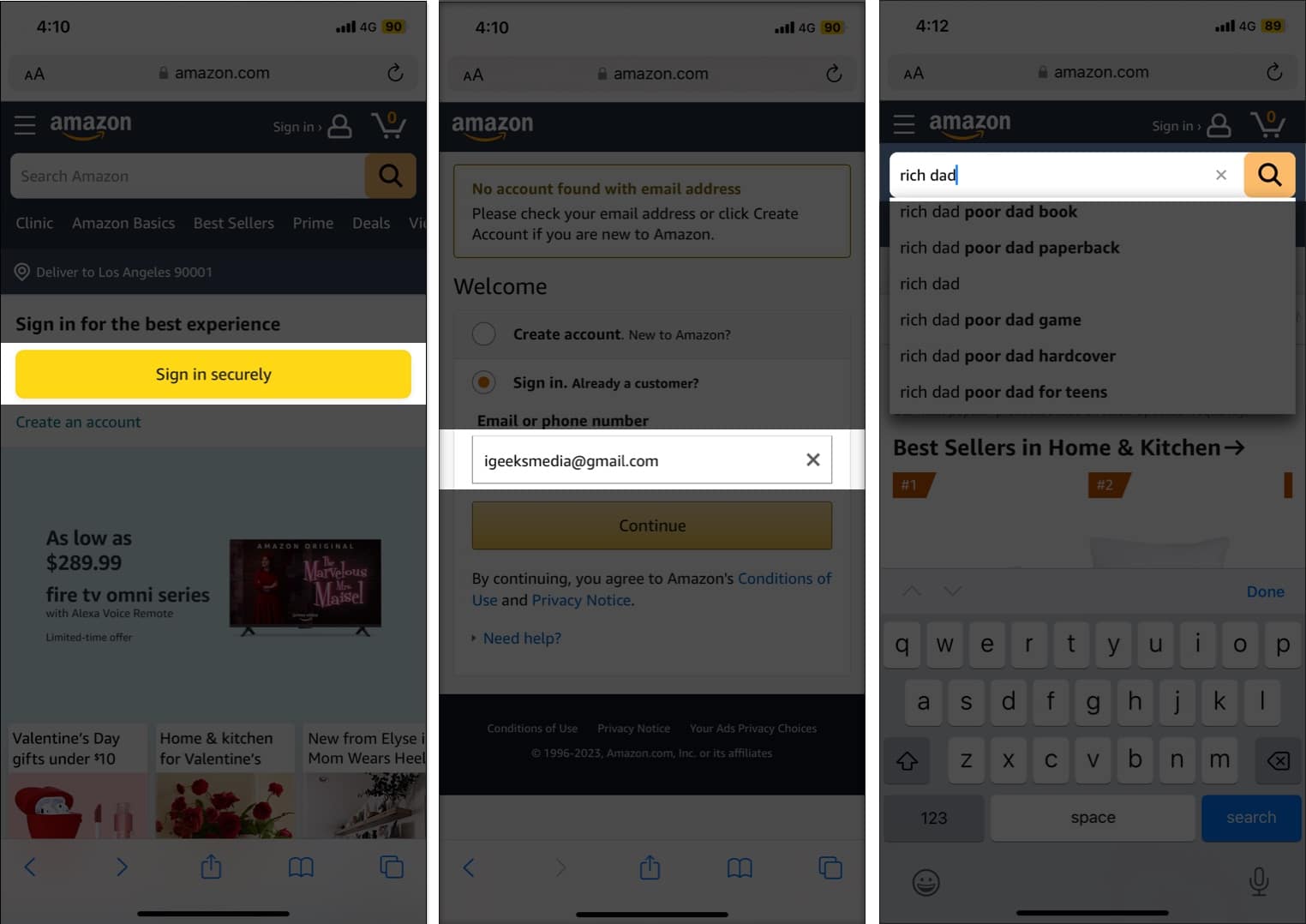 To buy kindle app tap Sign in login with email id tap on search bar