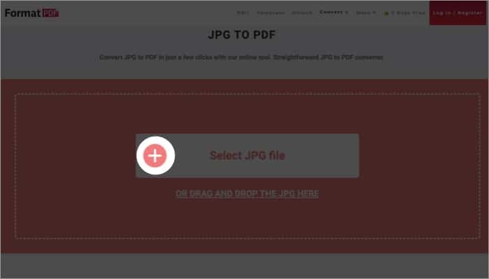 Visit the FormatPDF site click plus sign select JPG file