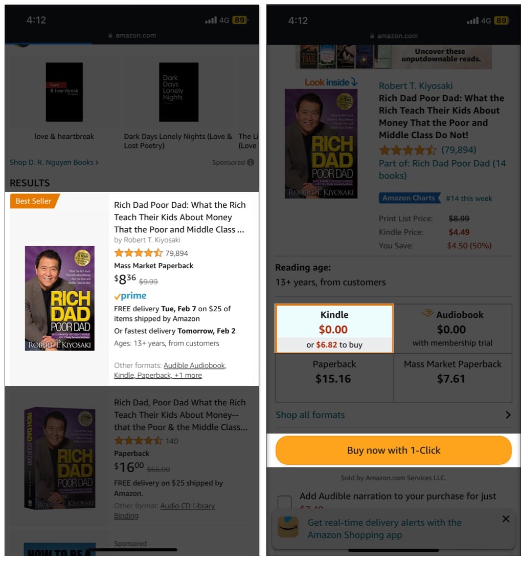 tap book choose kindle tap buy with one click
