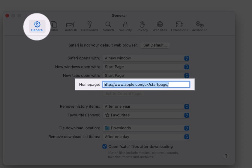 Click General change Homepage field on Mac