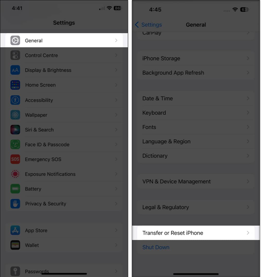 Transfer or Reset iPhone option in the iPhone Settings app