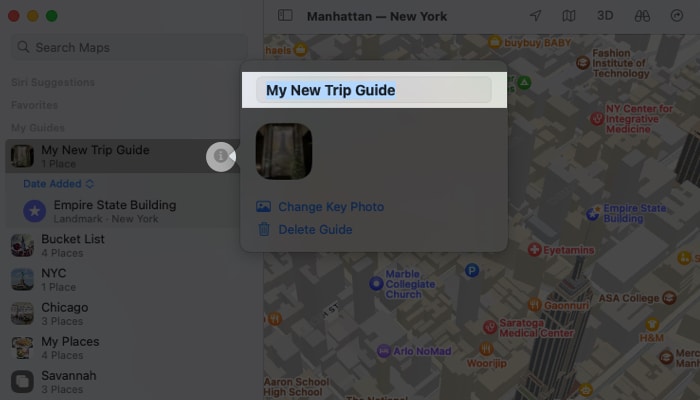 To rename the Guide or change the key photo click the Info icon