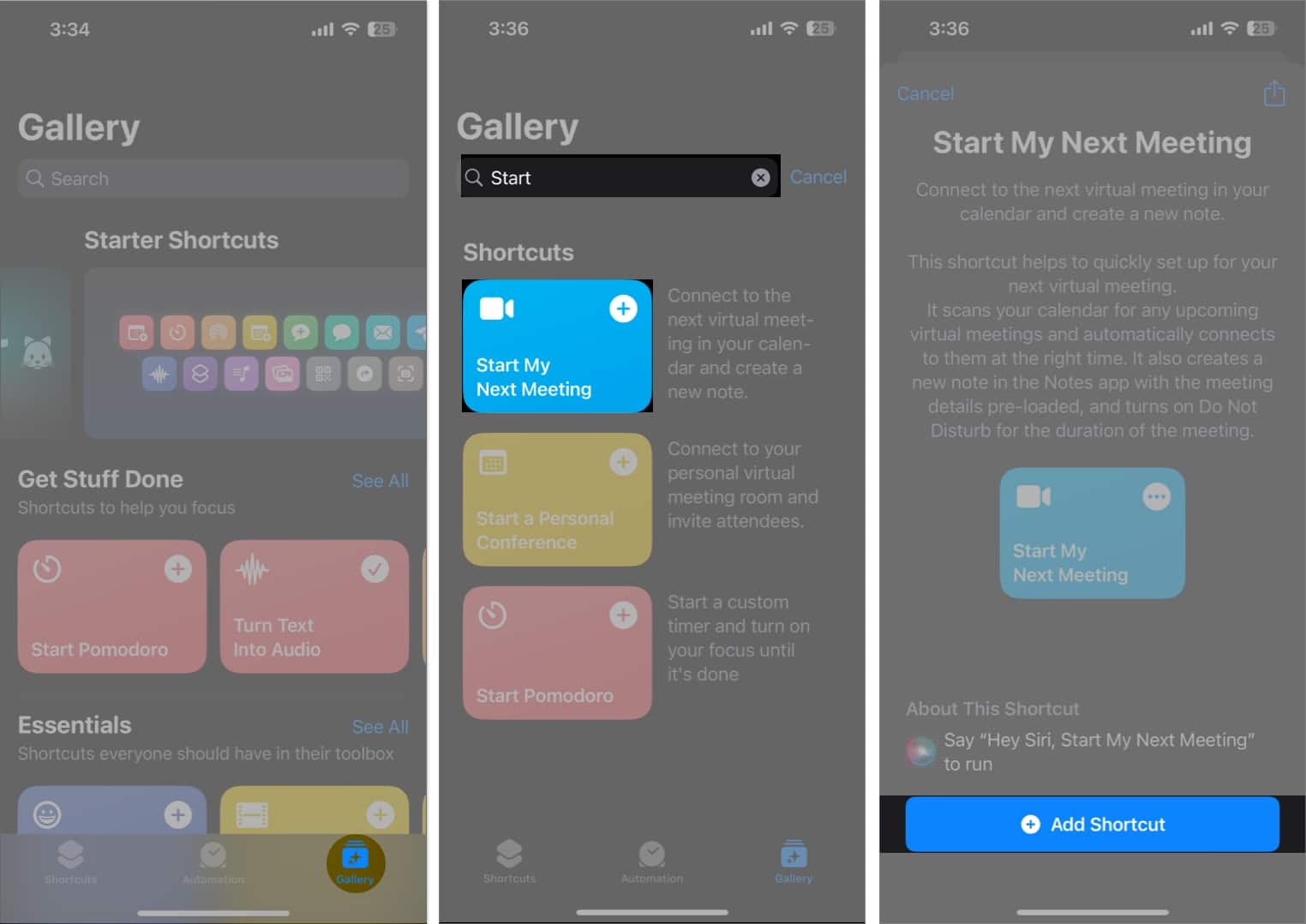 Access gallery search and select a shortcut tap add shortcut in the shortcuts app