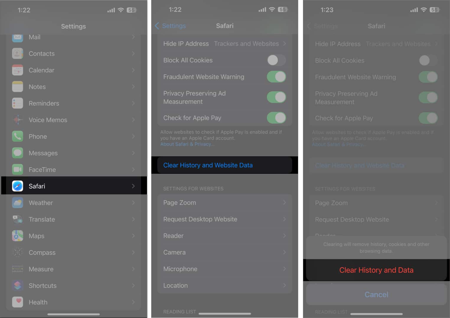 Access safari clear history and website data clear history and data in settings app