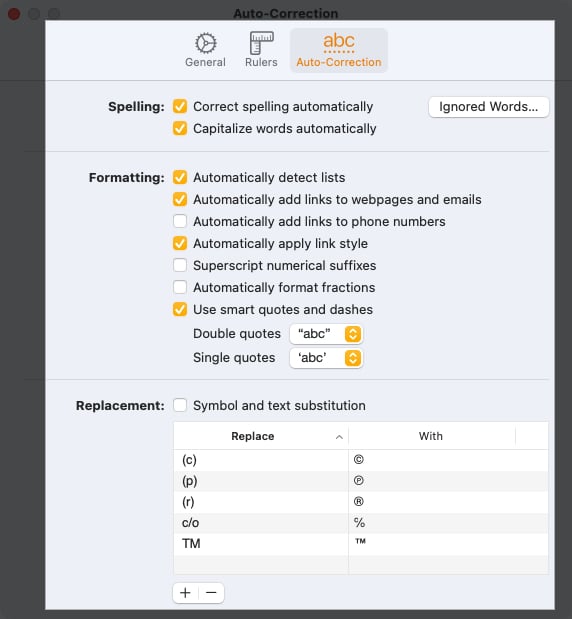 Adjust auto correct settings in Pages
