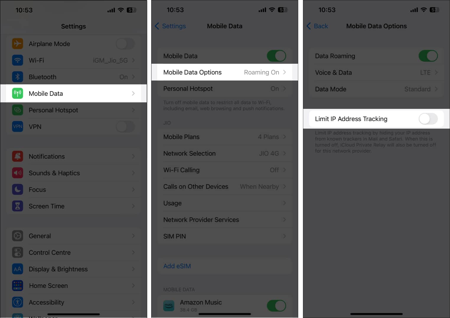 Choose Cellular Data pick Mobile Data Options and toggle off Limit IP Address Tracking