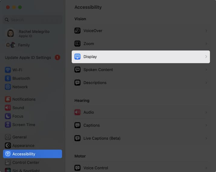 Choose Display from Accessibility option on Mac