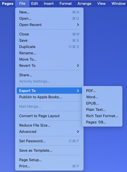 Choose Export to Select a format in Pages