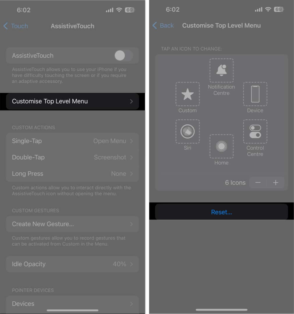 Customize top level menu choose reset option in Accessibility
