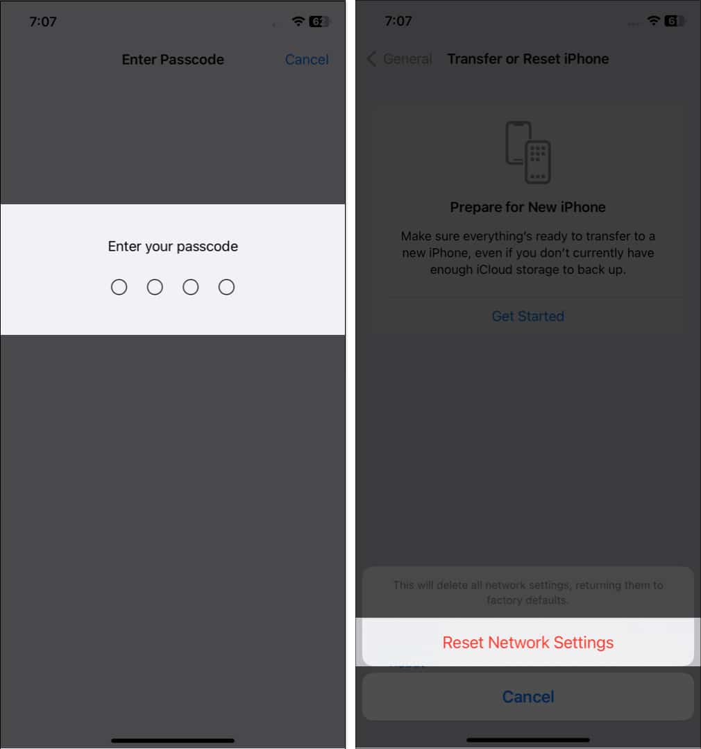 Passcode prompt to confirm resetting network settings on an iPhone