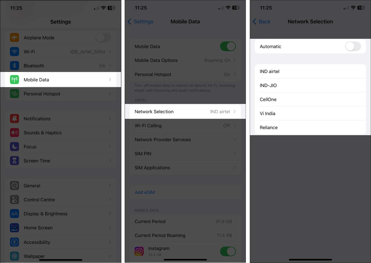 Go to Settings choose Cellular Data tap Network Selection and toggle off Automatic