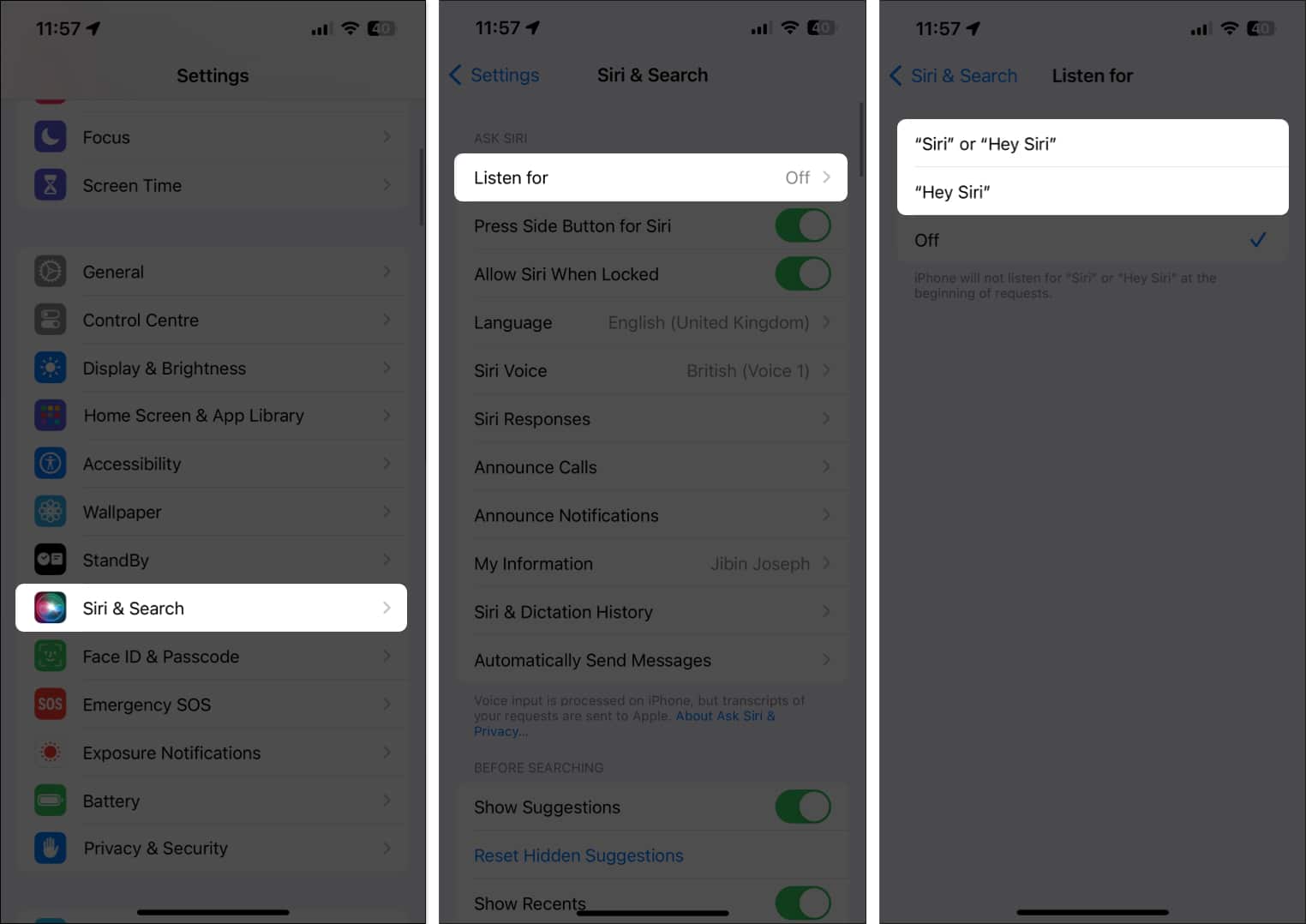 Go to Siri and Search select Listen for and choose any option Siri or Hey Siri