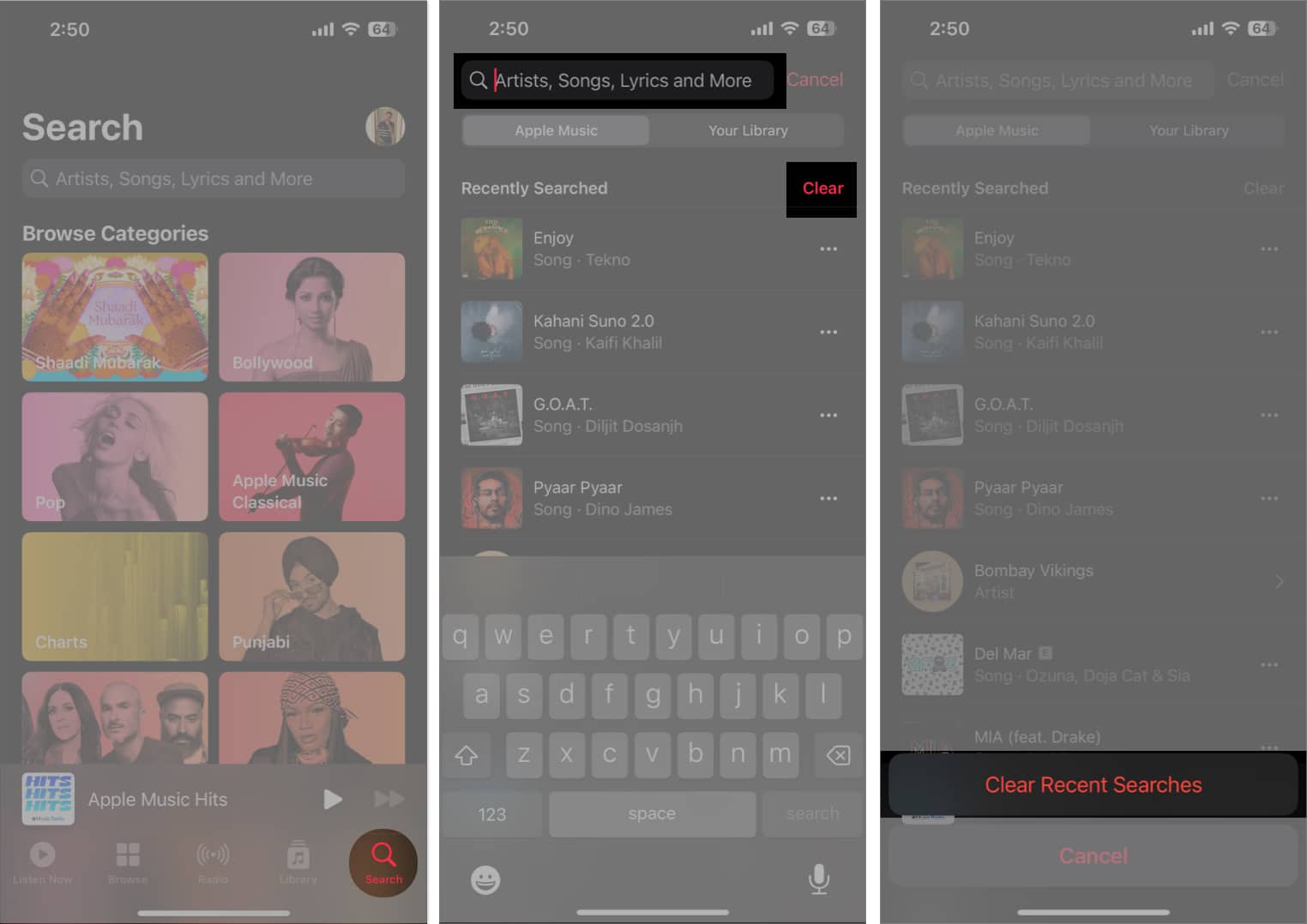 Head to Search screen tap Search box confirm by tapping Clear Recent Searches