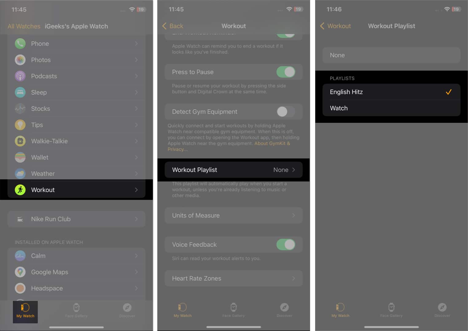 Locate and select Workout → choose Workout Playlist → Select a playlist under the Playlists section