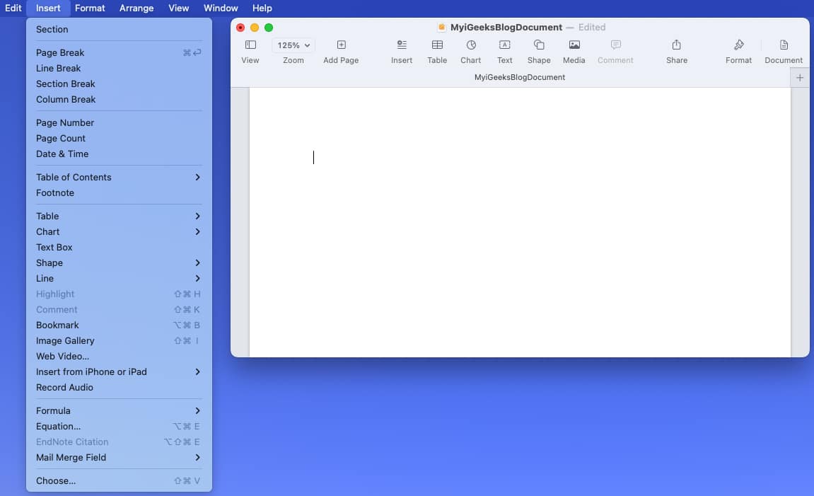Open Insert in the menu bar and choose the item