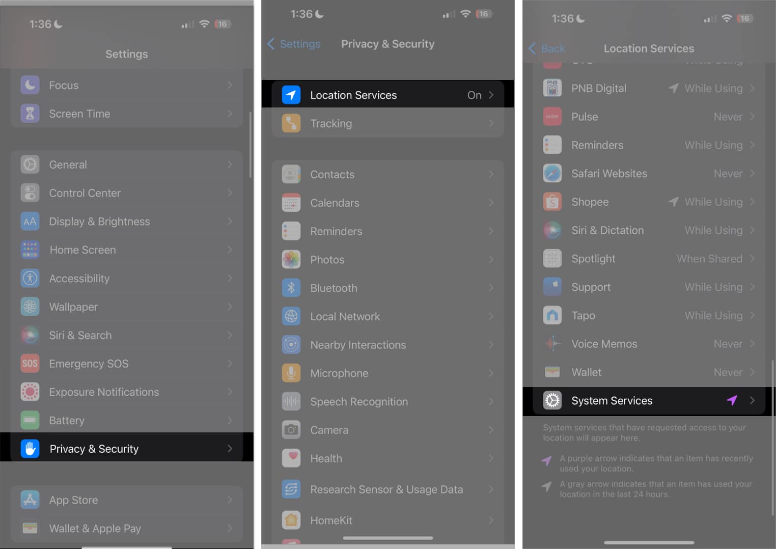 Privacy and security location services in settings