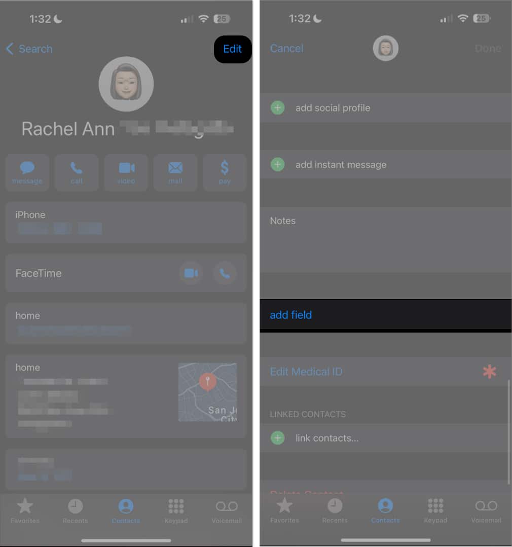 Select Add field in Contact on iPhone