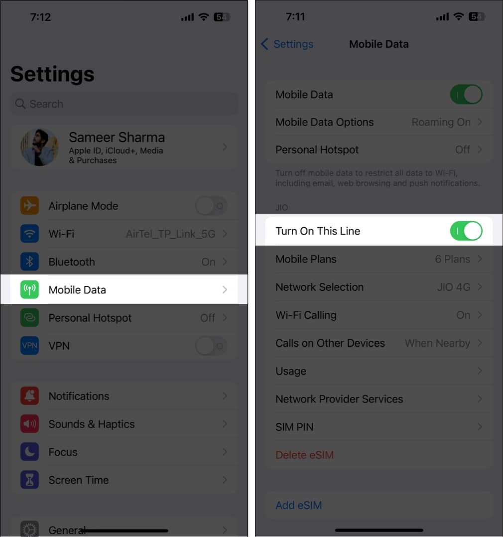Select Cellular Data choose eSIM network and toggle off or on Turn On This Line