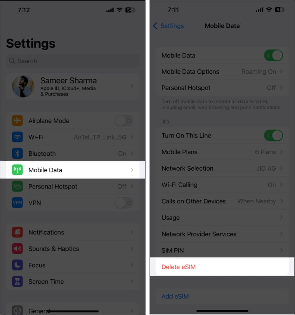 Select Cellular Data choose your eSIM and tap Remove Cellular Plan