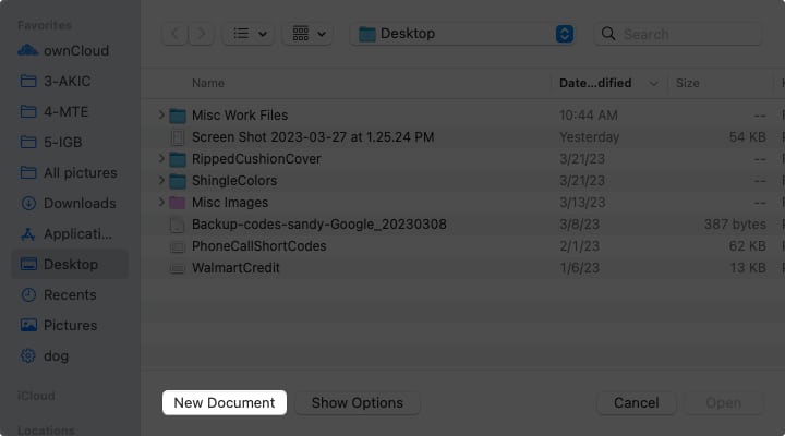 Select New Document from TextEdit on Mac