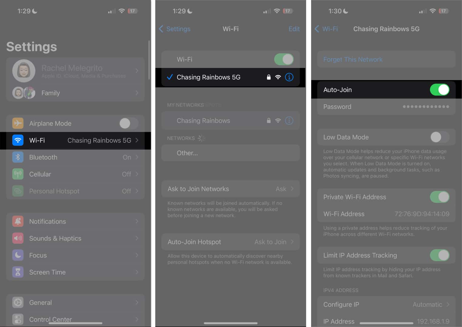 Select Wi Fi tap info button toggle on Auto Join in Settings
