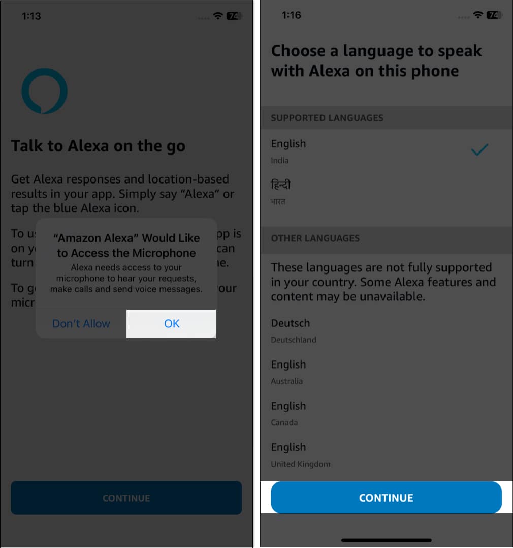 Tap OK Continue in the alexa app